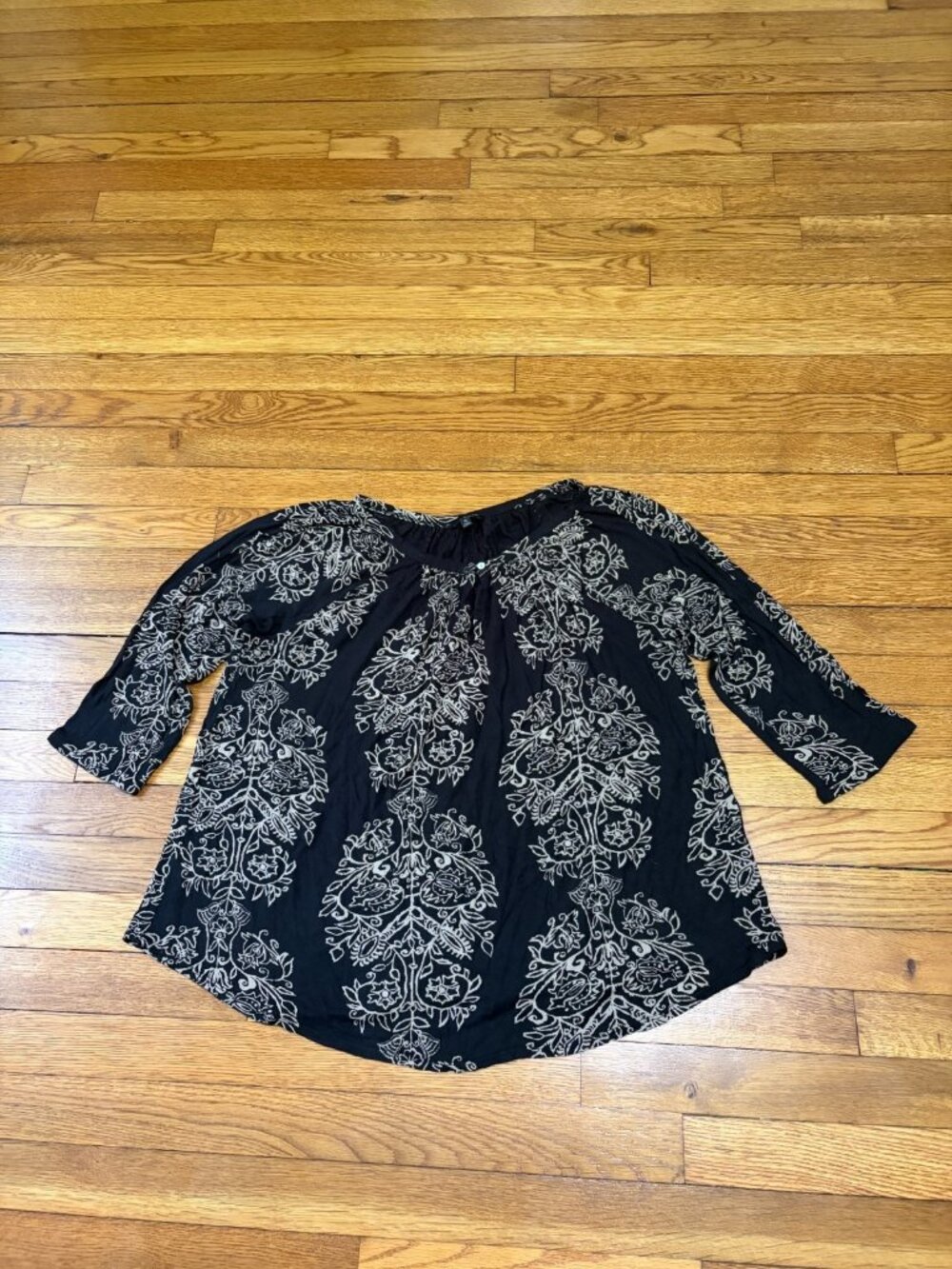 Lucky Brand Womens Blouse Size 1X Black Floral Rayon 3/4 Sleeve Tunic Top Shirt